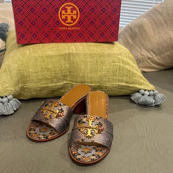 Tory Burch Metallic Bronze Floral Logo Slide Mules - Picture 1 of 6